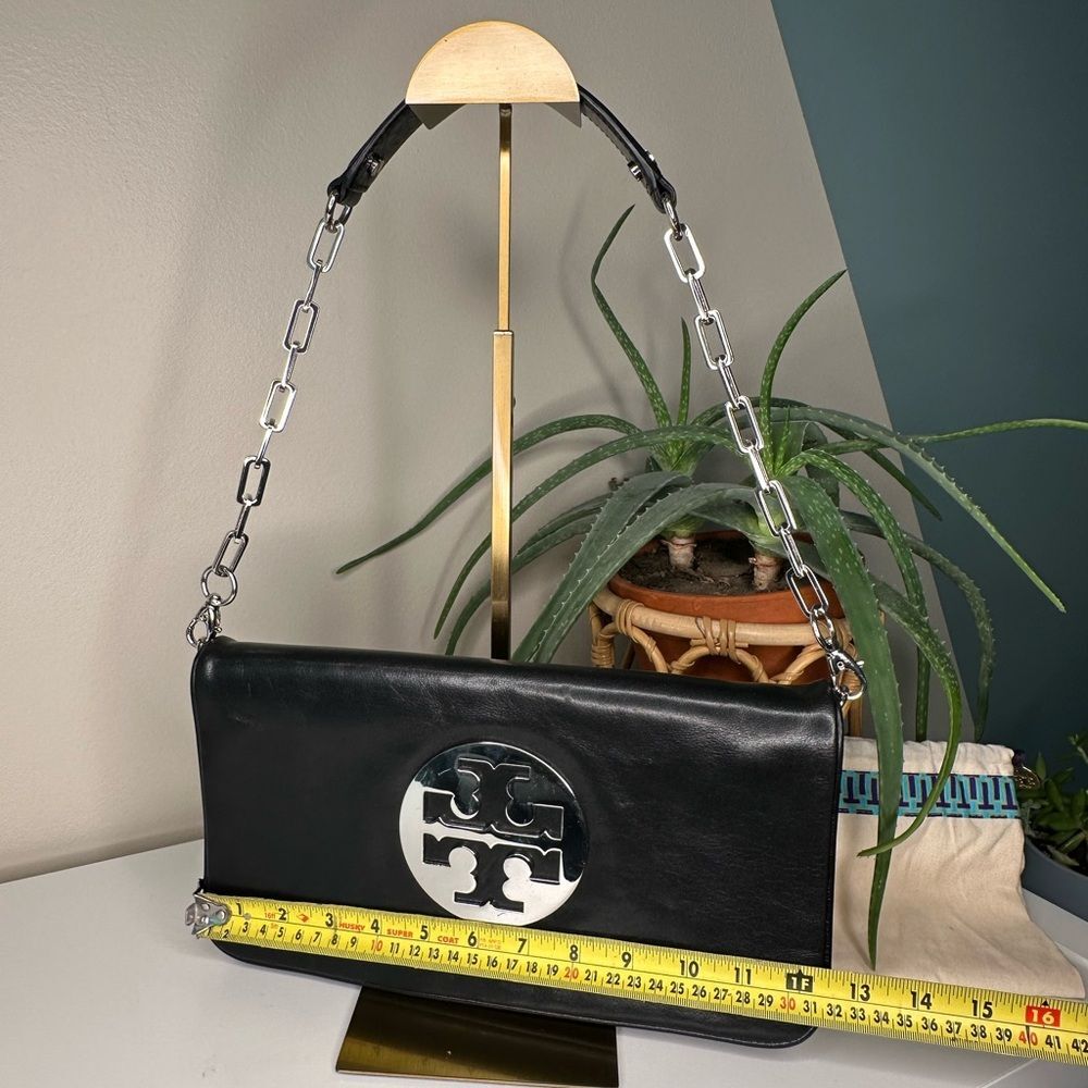 Tory Burch Black Leather Fold-Over Clutch | Removable Chain Strap | Silver Logo - Picture 11 of 12
